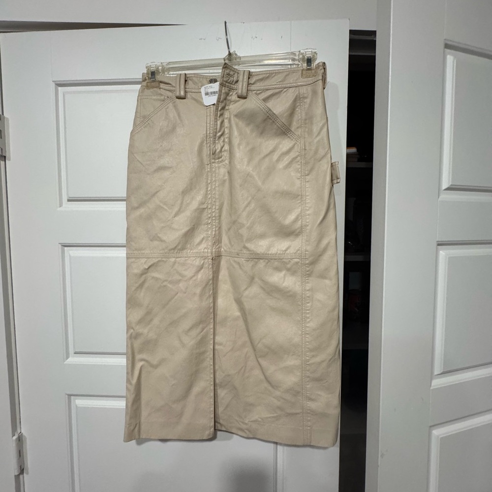 Beige  Faux Leather Midi Skirt